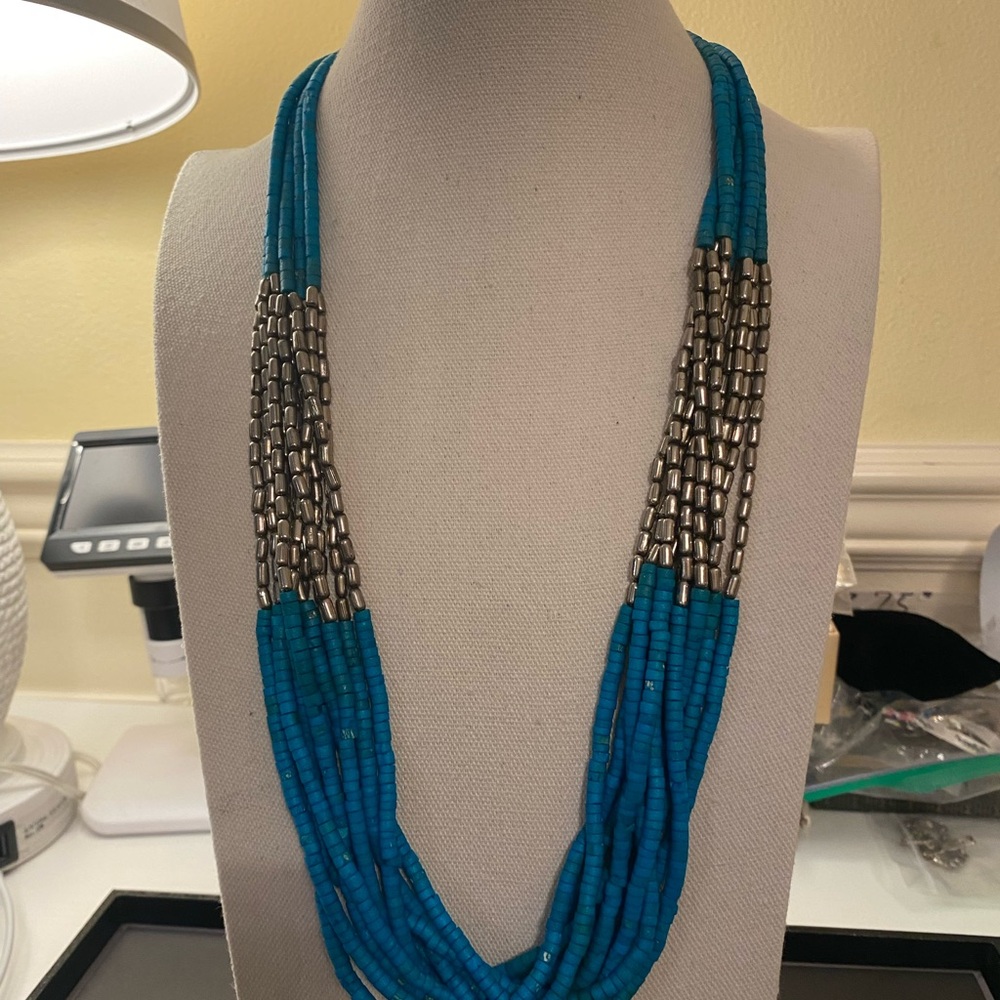 Turquoise color Multi-Strand Beaded Necklace with Silver Accents